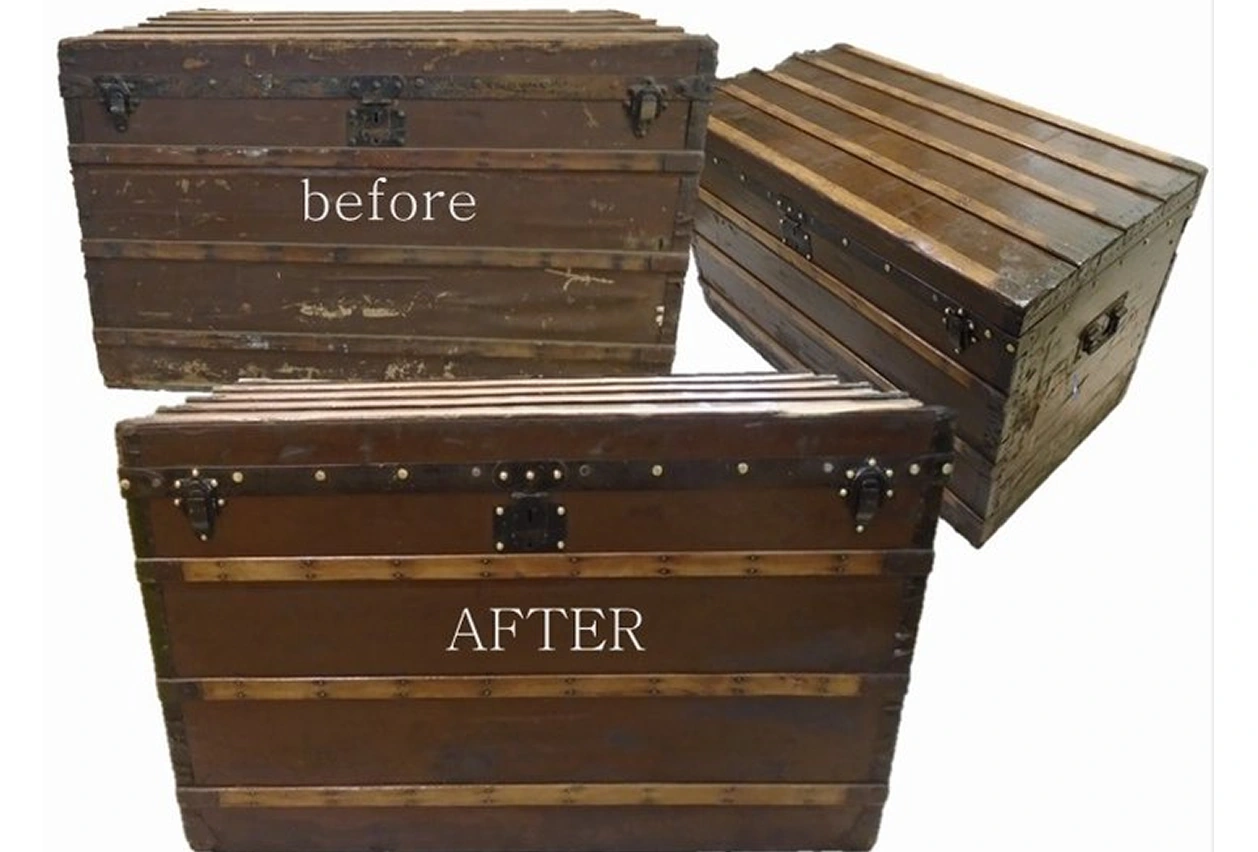 Wooden trunk restoration before and after comparison.