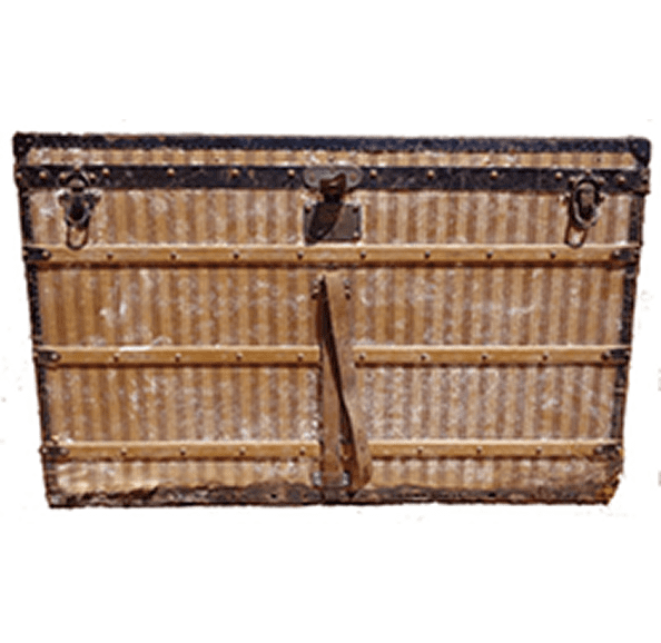 Vintage wooden trunk with metal accents.