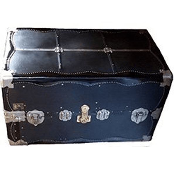 Black vintage trunk with metal accents.