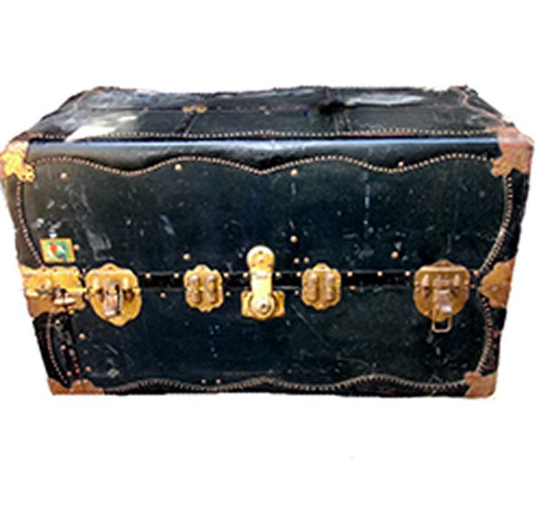 Vintage black trunk with metal latches.