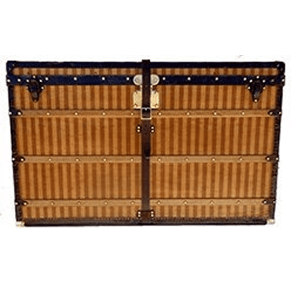 Vintage striped leather trunk with buckles.