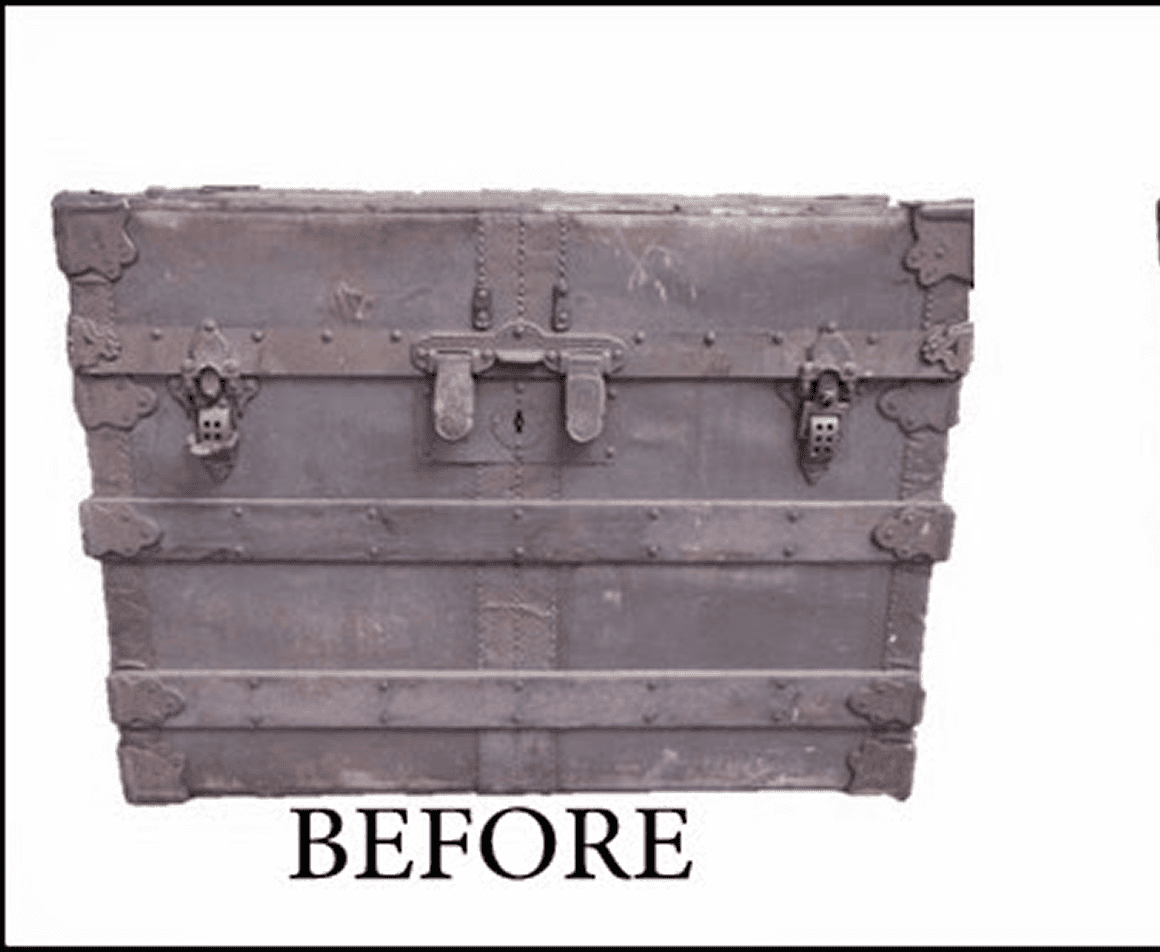 Antique metal trunk labeled BEFORE