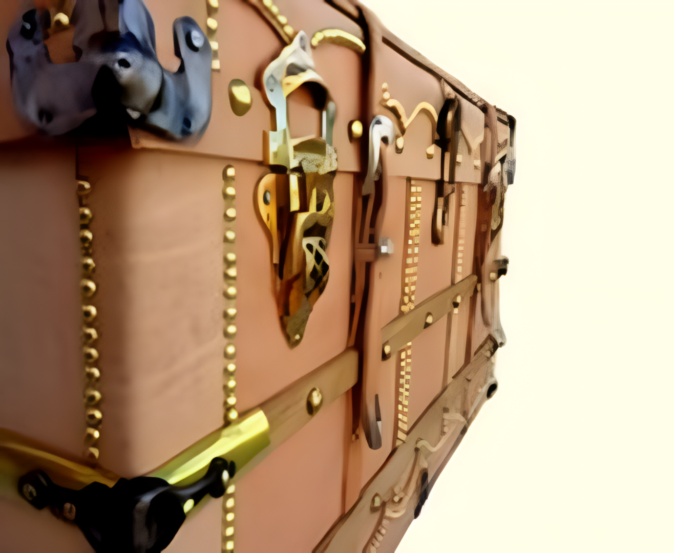 Close-up of vintage leather steamer trunk